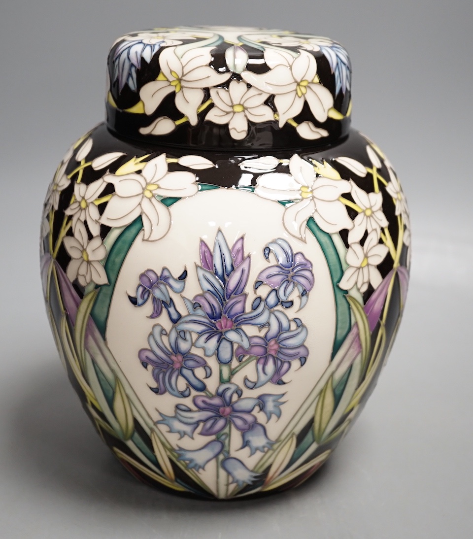 A Moorcroft trial 16.3.18 'hyacinth' jar and cover, boxed, (possibly limited edition of 15), 20cms high.